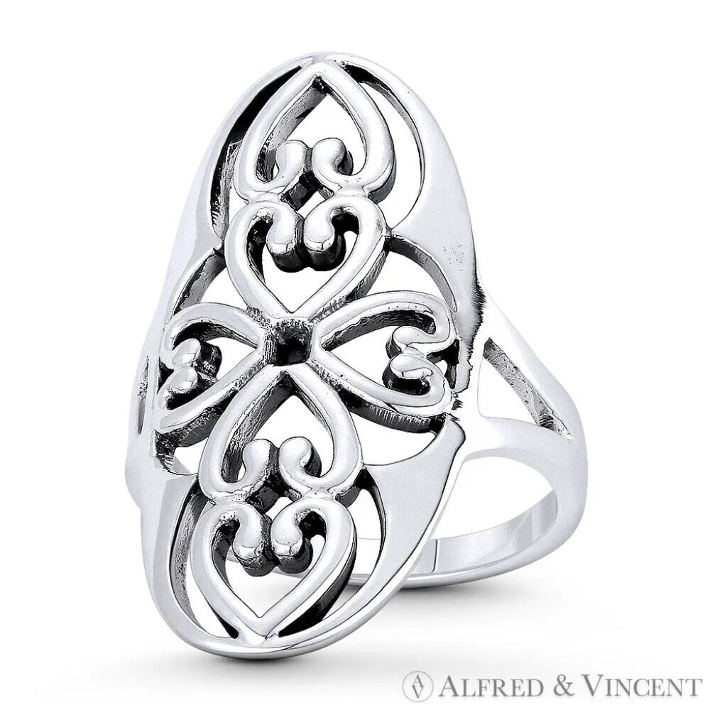 Filigree Swirl Heart Charm Vintage-Style Long Ring in .925 Sterling Silver Sz.8